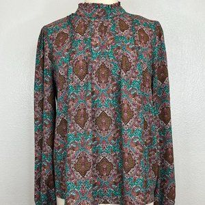 NWOT Joie Paisley Print Pleated Ruffled Boho Chic Blouse Size Large